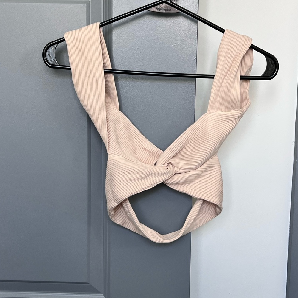 SHEIN Ribbed Twist Front Crop Top - Beige